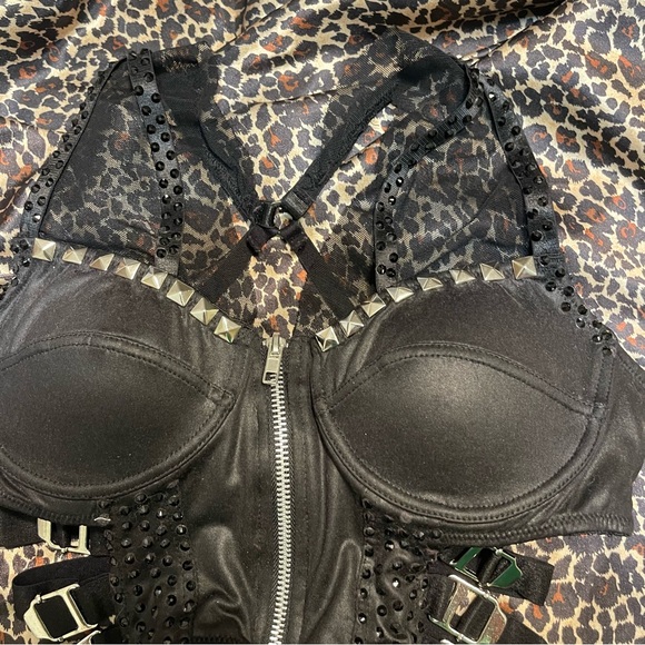 Studded Black Rhinestone Bustier Buckle Crop Top - Picture 6 of 16